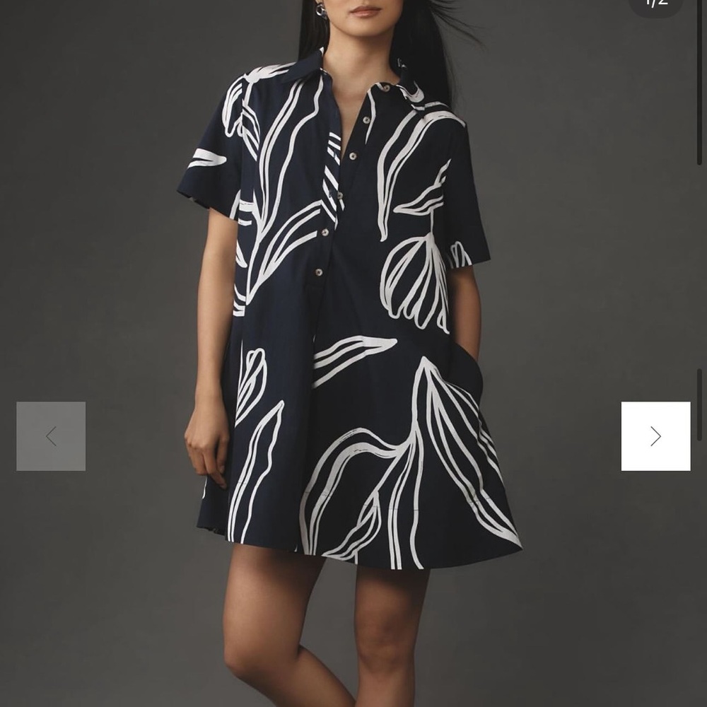 Anthropologie Navy and White Leaf Pattern Dress